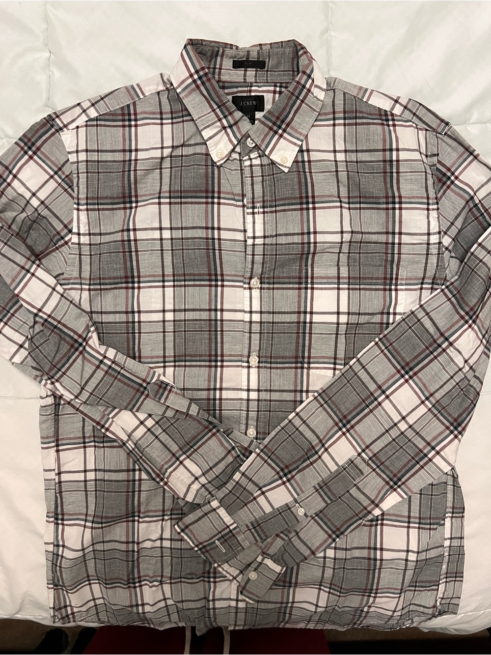 J. Crew White and Gray Plaid Button-Down Shirt with Subtle Red Accents